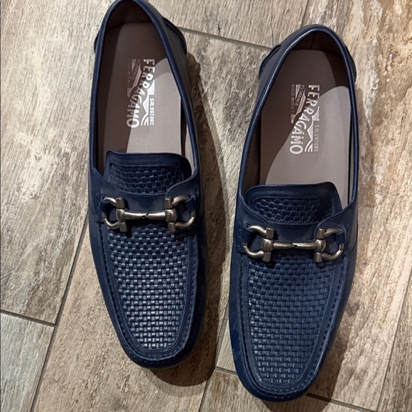 Salvatore Ferragamo Men's Navy Loafers with Silver Accents